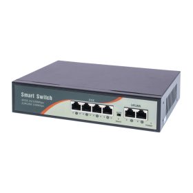   6 portos PoE switch ; 4 PoE 10/100 Mbps+ / 2 uplink port 100 Mbps; 48V, Max. 250m