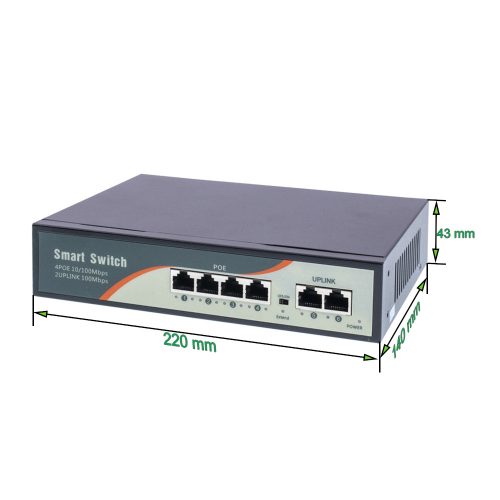 6 portos PoE switch ; 4 PoE 10/100 Mbps+ / 2 uplink port 100 Mbps; 48V, Max. 250m