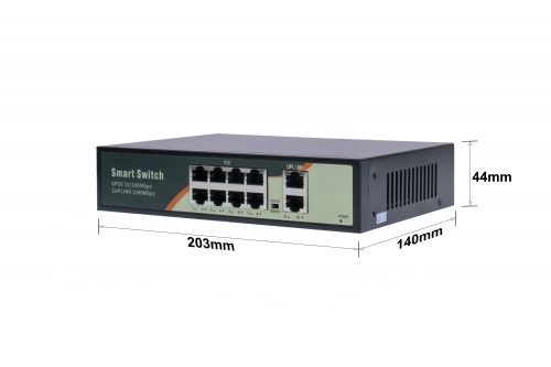 10 portos PoE switch ; 8 PoE 10/100 Mbps+ / 2 uplink port 1000 Mbps; 48V, Max. 250m