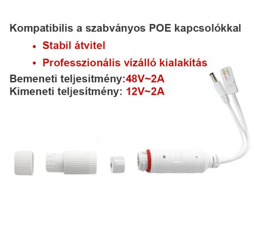 Vízálló aktiv POE splitter adapter 48V-ról - 12V-ra, fehér szín