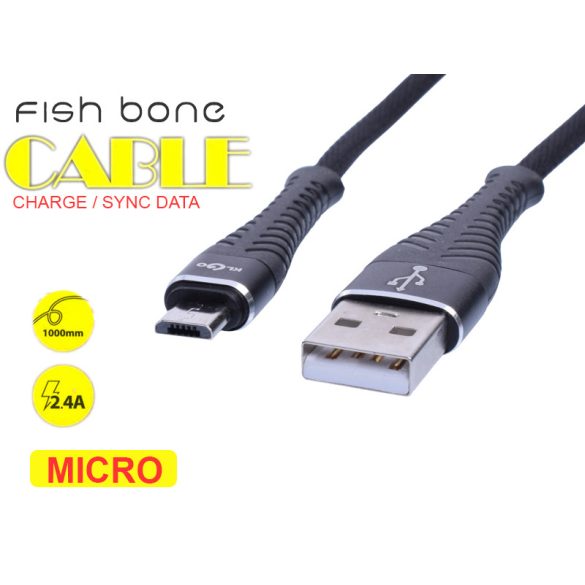 USB - MICRO USB FISH BONE TÖLTŐ&ADATKÁBEL, 2.4A, 1M