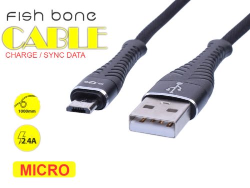 USB - MICRO USB FISH BONE TÖLTŐ&ADATKÁBEL, 2.4A, 1M