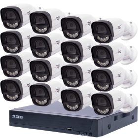   3 MP-es IP PoE Switch 16 kamerás megfigyelőrendszer ABS ház kültéri BULLET kamerákkal, éjjel színes megvilágítással és beépített mikrofonnal