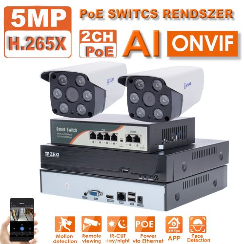 2 KAMERÁS 5MP IP PoE SWITCS, H.265+, ONVIF CSŐ KAMERA RENDSZER 