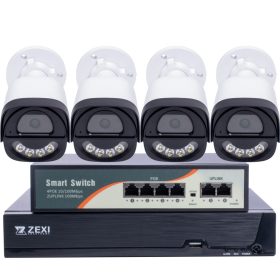   3 MP-es IP PoE Switch 4 kamerás megfigyelőrendszer ABS ház kültéri BULLET kamerákkal, éjjel színes megvilágítással és beépített mikrofonnal