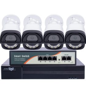   3 MP-es IP PoE Switch 4 kamerás megfigyelőrendszer ABS ház kültéri BULLET kamerákkal, éjjel színes megvilágítással és beépített mikrofonnal