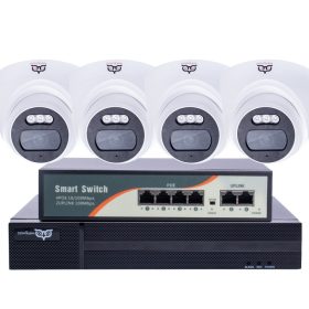   3 MP-es IP PoE Switch 4 kamerás megfigyelőrendszer ABS ház beltéri Turret kamerákkal, éjjel színes megvilágítással és beépített mikrofonnal