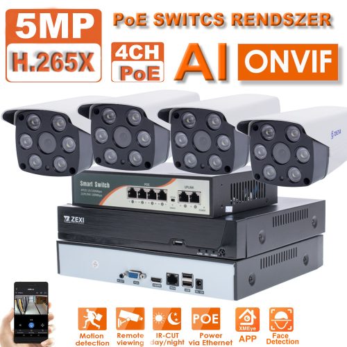 4 KAMERÁS 5MP IP, PoE SWITCH, 60M IR, H.265, ONVIF CSŐ KAMERA RENDSZER 