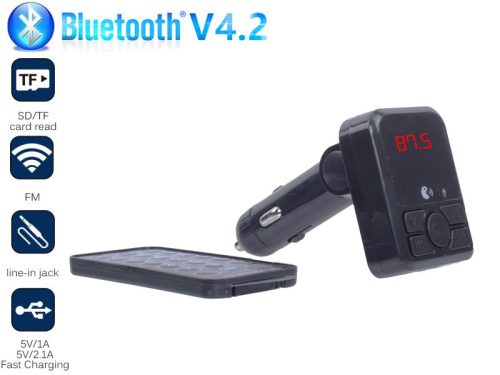 Autós Bluetooth FM transmitter, MP3, 2db USB töltő, AUX, TF CARD, táviránytóval
