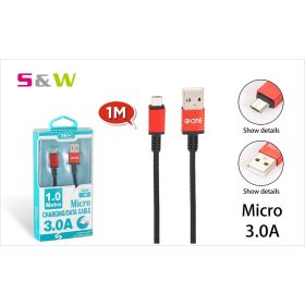   1m-es 3.0A USB - MICRO USB TÖLTŐ ÉS ADATKÁBEL, FEKETE-PIROS SZÍN 