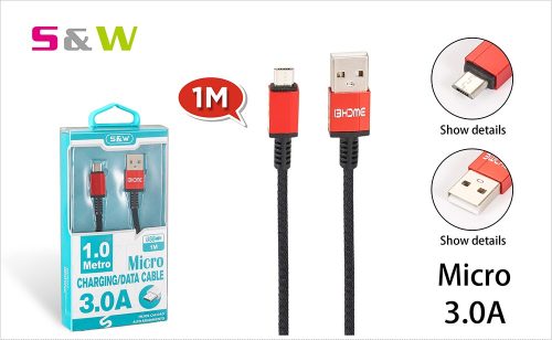 1m-es 3.0A USB - MICRO USB TÖLTŐ ÉS ADATKÁBEL, FEKETE-PIROS SZÍN 