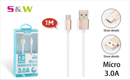 S&W 1m-es 3.0A USB - MICRO USB TÖLTŐ ÉS ADATKÁBEL, FEHÉR-ARANY SZÍN