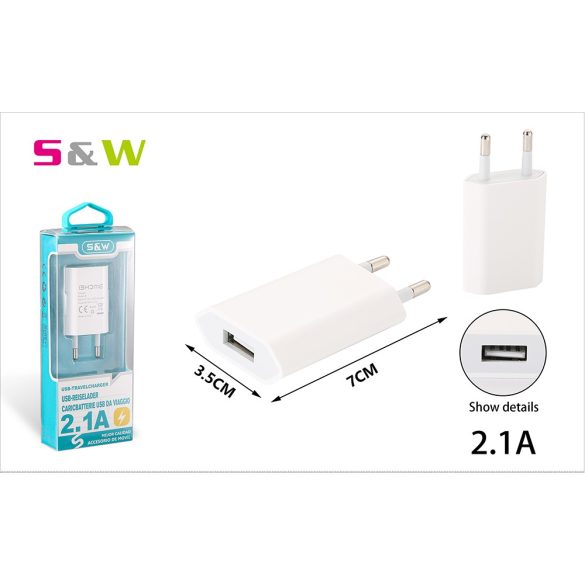 7cm-es Hálózati töltő adapter, 1db USB csatlakozóval, 2.1A, fehér