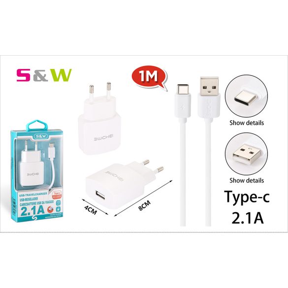 Hálózati töltő adapter 1db USB csatlakozóval + 1m-es USB - TYPE-C adatkábellel, 2.1A fehér szín