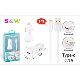   Szivargyújtó töltő adapter 1db USB csatlakozóval + 1m-es 2.1A USB - TYPE-C adtkábellel 