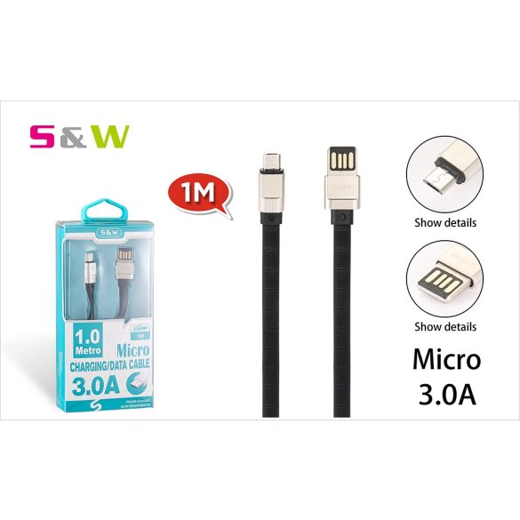1m-es 3.0A USB - MICRO USB Gyorstöltésű lapos adatkábel fekete szín