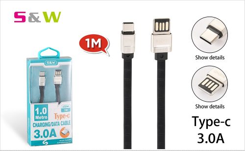 1m-es 3.0A USB - LIGHTNING Gyorstöltésű lapos adatkábel fekete szín