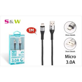   CELLECT Szövetborítású törésgátloval USB - MICRO USB töltő és  adatkábel, 1m, max 3.0A, fekete-ezüst szín