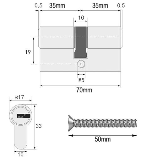 70 mm-es (35/35) cink ötvözet dupla nyitású zárbetét – 5 db kulccsal, 6 csapos biztonsági rendszer