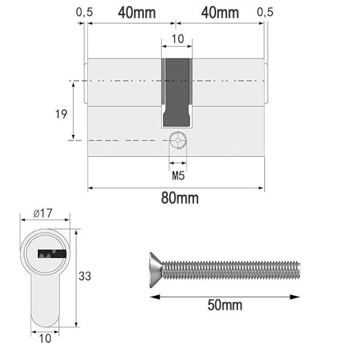 80 mm-es (40/40) cink ötvözet dupla nyitású zárbetét – 5 db kulccsal, 6 csapos biztonsági rendszer