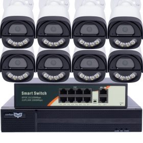   3 MP-es IP PoE Switch 8 kamerás megfigyelőrendszer ABS ház kültéri BULLET kamerákkal, éjjel színes megvilágítással és beépített mikrofonnal