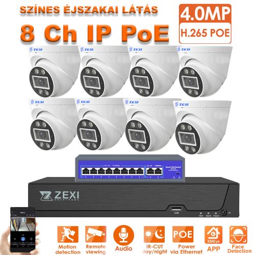 8 kamerás 4MP biztonsági rendszer beltéri dome IP, POE switch, AI, Mikrofonos, színesen éjszakai látás