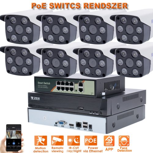8 KAMERÁS 5MP, IP, PoE SWITCH,  AI, H.265, ONVIF CSŐ KAMERA RENDSZER                                                                                   