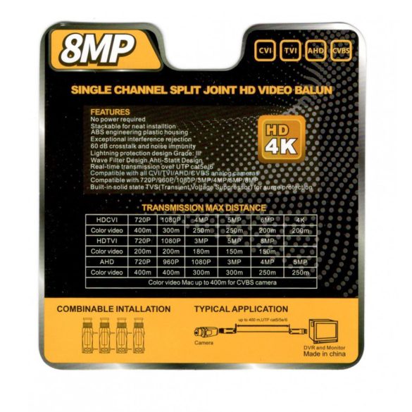 8MP Egy csatornás HD passzív videó balun 
