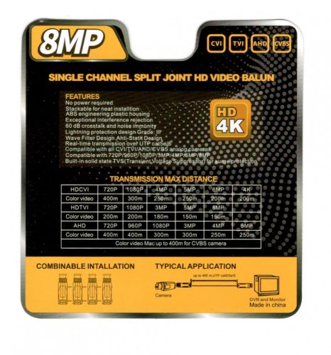 1pár 8MP Egy csatornás HD passzív videó balun 