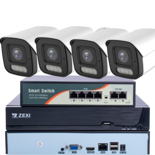 8MP H.265x IP POE SWITCH 4db-os 4mm BULLET Kamerás Biztonsági Rendszer IP66 Vízálló Éjjel Nappal színes látás Hangrögzítés