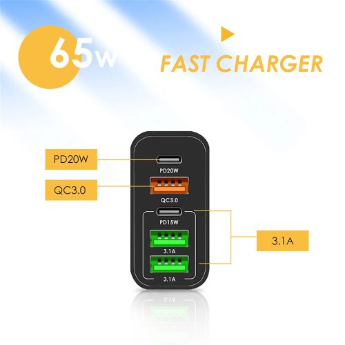 65W 2db Typ-c PD 20W 3db USB QC 3.0 gyors töltő fali adapter 