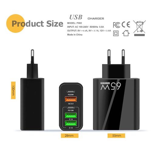 65W 2db Typ-c PD 20W 3db USB QC 3.0 gyors töltő fali adapter 