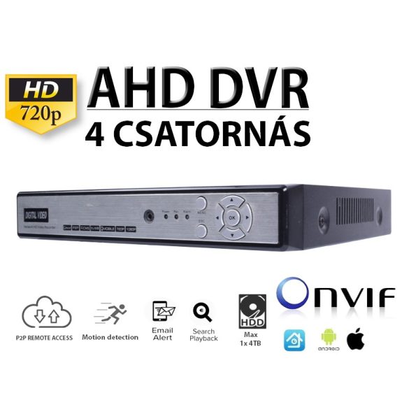 4 CSATORNÁS AHD HD 720P NETWORK DVR, H.264, ONVIF