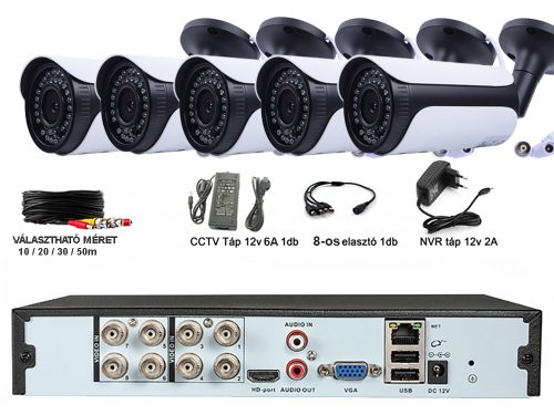 5 kamerás 2MP 2.8mm AHD csőkamera rendszer szett, kültéri/beltéri, 30m IR 