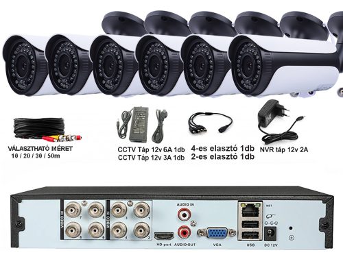 6 kamerás 2MP 2.8mm AHD csőkamera rendszer szett, kültéri/beltéri, 30m IR 