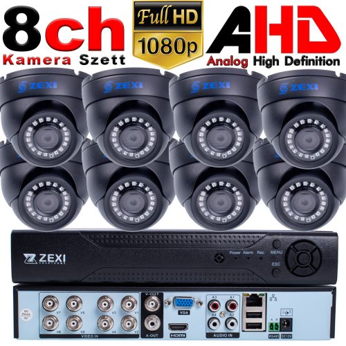 ZEXI 8 KAMERÁS 2MP 2.8 / 6mm AHD DOME biztonsági kamerarendszer, kültéri/beltéri, fekete szín