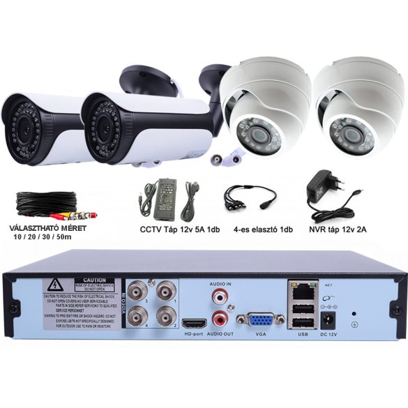 4 Kamerás FULL HD AHD mix biztonsági kamerarendszer, 2 dome + 2 cső kamera kültéri/beltéri