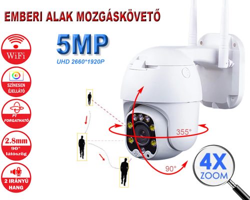 5MP WIFI PTZ 4X optikai ZOOM megfigyelő kamera, kétirányú hanggal, éjjel színesen látó, ONVIF