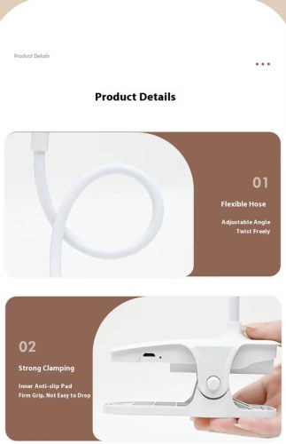 Csipeszes LED-es asztali lámpa, USB-s újratölthető asztali lámpa, éjjeli olvasólámpa, érintésvezérlés, 3 fényerő-szabályozási mód, szemvédelem