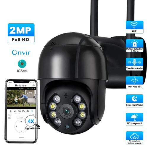 2MP HD fekete WiFi PTZ IP kamera kültéri otthoni biztonsági kamera automatikus követés iCsee APP