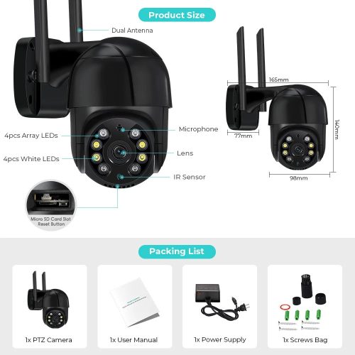 2MP HD fekete WiFi PTZ IP kamera kültéri otthoni biztonsági kamera automatikus követés iCsee APP
