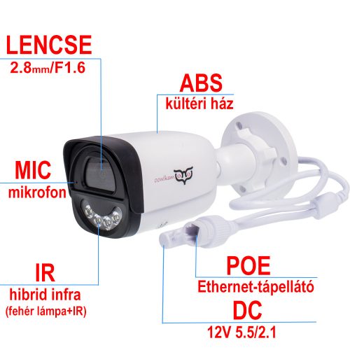3 megapixeles, 2.8 mm-es objektívvel szerelt IP-alapú PoE BULLET, kültéri és beltéri használatra, színes éjszakai látással, mikrofonnal