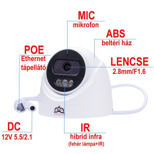 3 megapixeles, 2.8 mm-es objektívvel szerelt IP-alapú PoE Turret, beltéri használatra, színes éjszakai látással, mikrofonnal