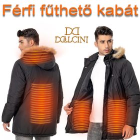   FÉRFI VÍZÁLLÓ FŰTHETŐ KAPUCNIS KABÁT 9 SZÉNSZÁLAS FŰTŐELEMMEL