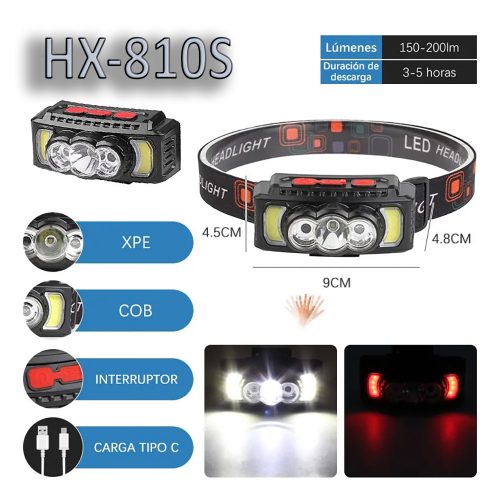 Szenzoros fejlámpa 4 üzemmódú, C típusú USB újratölthető fejlámpa, XPE LED piros fényű, COB kültéri horgászfejlámpa, vízálló fejlámpa