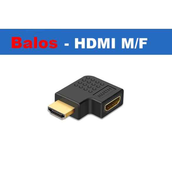 HDMI könyök adapter, HDMI dugó - HDMI aljzat 90°, aranyozott, fekete, balos