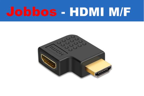 HDMI könyök adapter, HDMI dugó - HDMI aljzat 90°, aranyozott, fekete, jobbos