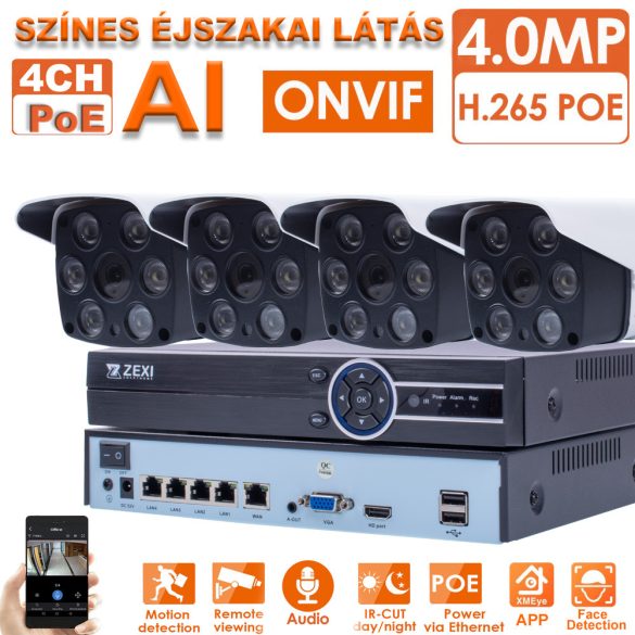 4 kamerás rendszer kültéri cső 4MP IP, POE, AI, Mikrofonos, színesen éjszakai látás