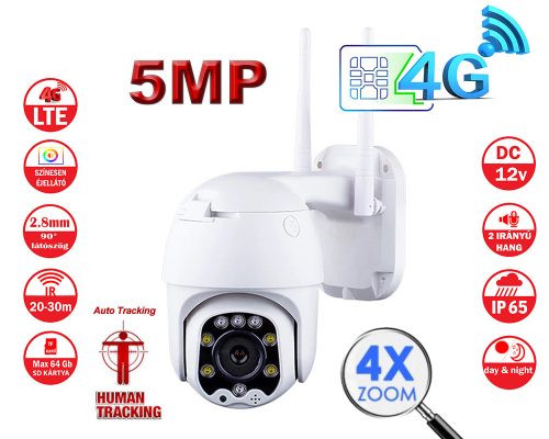 4G SIM kártyás 5MP PTZ IP kamera, 4X ZOOM kültéri, Kétirányú hanggal,  P2P, IR / színes éjszakai látás