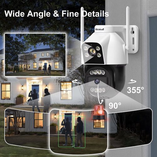 4G SIM kártyás 4MP Dual-Lens 2+2MP IP kamera PTZ színes éjjellátó, IP65 3,6mm lencse beltéri-kültéri használatra két irányú Audio, CamHi PRO APP